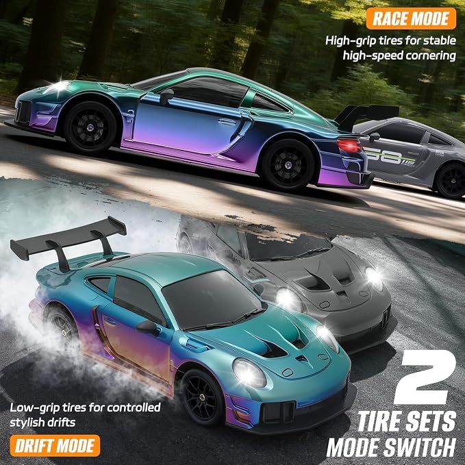 RC Drift Car, 1:24 4WD Remote Control Cars Vehicle with LED Light,2.4GHz 20KM/H High Speed RC Cars with Two Batteries & Drifting Tires Racing Sport Toy for Adults Boys Girls Kids Colorful