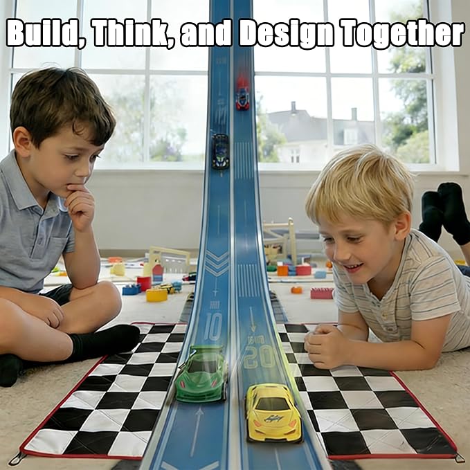 16.4Ft Flexible Race Track for Kids Ages 3+, Patterned Dual-Lane Roll Up Race Track Set with 4 Toy Cars & Suction Cups, Compatible with 1/64 Diecast Cars, Portable DIY Racing Toy(Daytona Blue)
