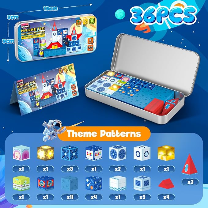 36 PCS Mini Magnetic Tiles Travel Set with Portable Iron Storage Box, STEM Learning Magnetic Building Blocks with LED Light-Up Glow in The Dark, Montessori Sensory Toys Gifts for Toddler, Boys & Girls