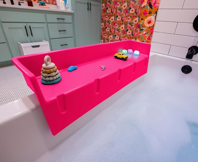 Tub Topper® Bathtub Splash Guard & Bath Shelf for Kids – Toddler Bath Tray, Bath Toys Storage & Ledge Organizer – Splash Guard for Bathtub with Suction Cups – Kids Bathroom Accessories (Pink)