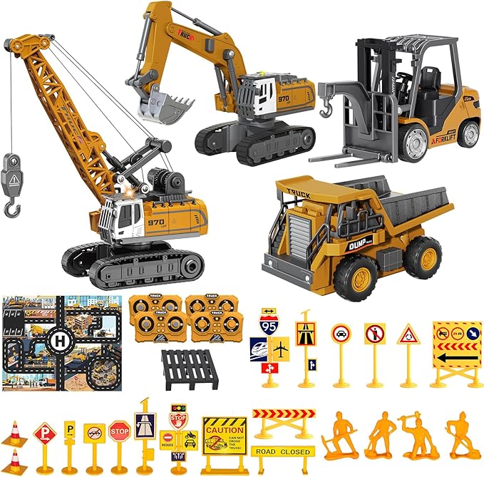 4 PCS RC Construction Vehicles Set with Mini Excavator dump truck Forklift and crane USB Charge Real Lights & Sounds and Movable Parts & Traffic Sign Simulate True Scale Birthday Gifts for Kids Adults