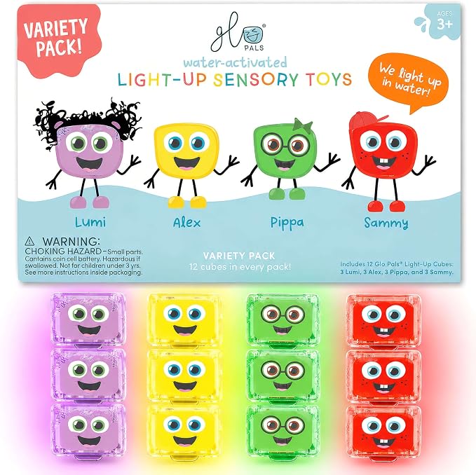 Glo Pals Water-Activated Light-Up Sensory Bath Toy Cubes for Bathtime and Sensory Play, Vibrant Light-Up Colored Cubes for Kids and Toddlers, Glows Purple, Yellow, Green, and Red, Pack of 12