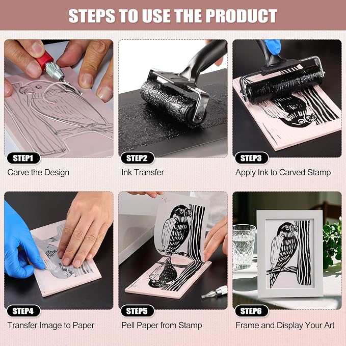 Bobblebro Linoleum Blocks for Printmaking, Stamp Making Carving Linocut Kit for Kids DIY Gift, Rubber Stamp Carving Screen Printing Kit with 4 Colors Block Printing Ink, Rubber Block, Linocut Tools