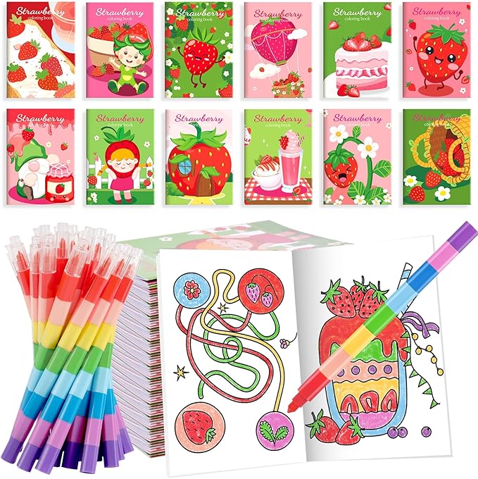 BenLouis 12 Strawberry Mini Coloring Books Kids with 12 Stacking Crayons Berry Party Favors Small Activity Books Bulk for Kids Girl Fruit First Party Gift Goodie Bag Stuffers