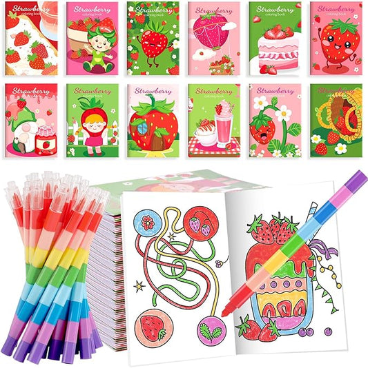 BenLouis 12 Strawberry Mini Coloring Books Kids with 12 Stacking Crayons Berry Party Favors Small Activity Books Bulk for Kids Girl Fruit First Party Gift Goodie Bag Stuffers