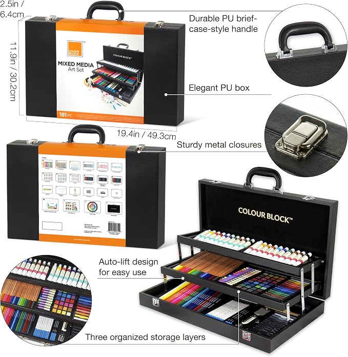 COLOUR BLOCK 181-Piece Mixed Media Art Set in PU Leather Case for Drawing Sketching Painting, Soft Oil Pastels, Acrylic Watercolor Paints, Pencils, Art Supplies Kit for Artists, Professional, Adults, Beginner