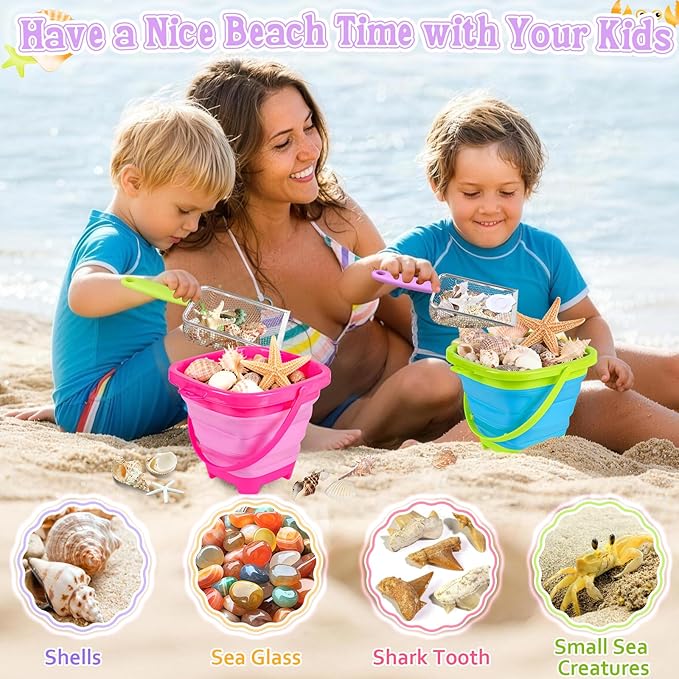 Meaicezli Beach Toys, 2 Packs Sand Toys for Shell Collecting, Collapsible Sand Buckets Shark Tooth Sifter and Mesh Bag, Shell Scooper for Beach Travel Essentials Kids Boys and Girls