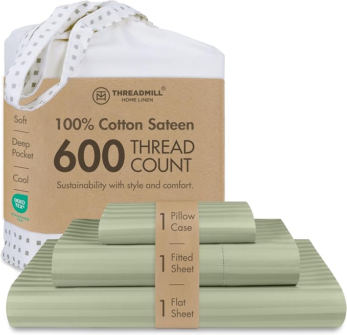 Threadmill 100% Cotton Sheets for Twin XL Size Bed - 600 Thread Count Twin XL Bed Sheets Set with 15” Deep Pocket - Damask Stripe Sateen Weave 3-Piece Bedding Set with Cooling Effect, Sage Green