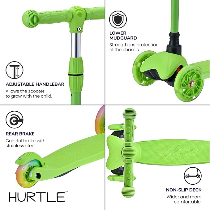 Hurtle Mini Kickboard 3 Wheel Scooter for Kids Ages 2-5 - Lean-to-Steer Toddler Scooter with Light-up LED Wheels, Adjustable Height & Rear Foot Brake for Boys. & Girls, Anti-Slip, Indoor/Outdoor