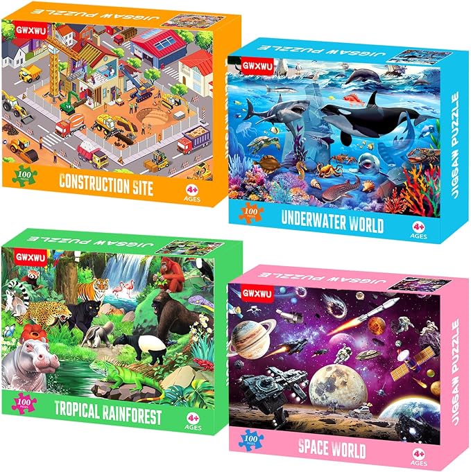 100 Piece Puzzles for Kids Ages 4-6 - Jigsaw Puzzles for Kids Ages 6-8 8-10 100 Piece Jigsaw Puzzle for Adults Toddler Children Learning Educational Puzzles Toys Gifts for Girls Boys 4-Pack