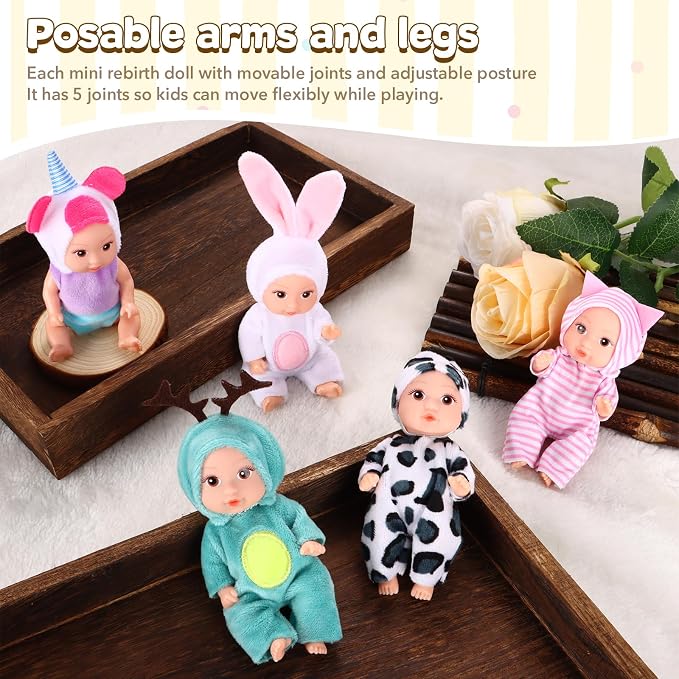 Vueos 10 Pcs 4 Inch Mini Baby Dolls Playset Lifelike Realistic Baby Dolls with Handmade Animal Clothes Cute Small Baby Doll Gifts Set for Toddlers Girls Kids 3+
