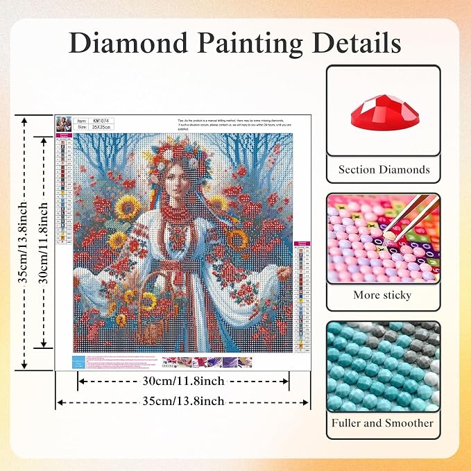 Slavic Woman Diamond Painting Kit for Adults, Traditional Flower Garland 5D Full Round Drill Diamond Art Beginners Canvas for Home Wall Decor, DIY Paint by Diamonds Dot Gem Craft13.8x13.8 Inch