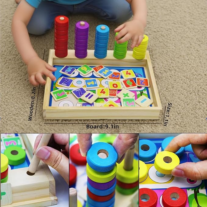 Lydaz Toddler Montessori Math Toys, Wooden Math Manipulatives with Counting Number Blocks, Preschool Kindergarten Learning Activities, Educational Math Toy for Kids 2-5, Christmas Stacking Puzzle Toy