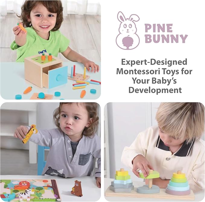 Pine Bunny Montessori Wooden 11-in-1 Toy Set for 13+ Months 3-in-1 Coins Carrots Matchsticks box Shape Sorter Bunny Doll Sand Hammer Animal Puzzle Educational Learning and Problem Solving Toddler Toys