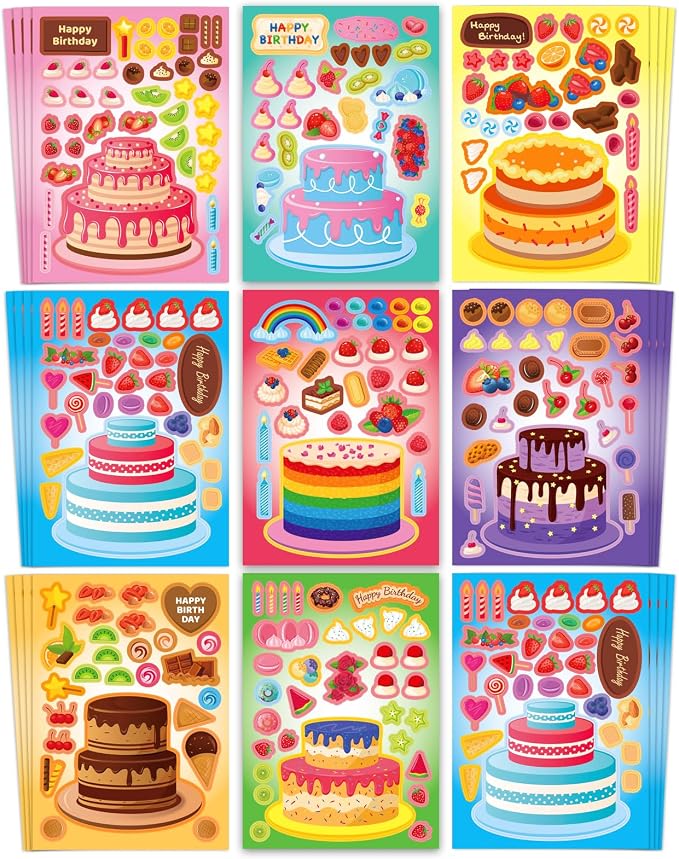 Aowplc 32 Sheets Cake Stickers for Kids – Make Your Own Birthday Cakes Stickers, Toddler Party Favors & Goodie Bag Stuffers