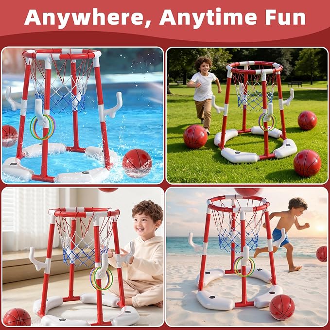 Pool Basketball Hoop for Kids 4-8 & 8-12 Years Old - 2-in-1 Floating & Above Ground Water Game with 4 Balls, 12 Rings & Pump, Outdoor Play Swimming Pool Toy for Adult Summer Party