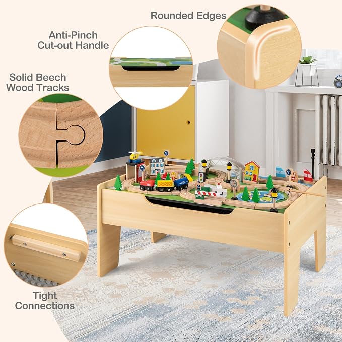 HONEY JOY Train Table, Wooden Kids Activity Table with Storage, 78 Multicolor Pieces, Tracks, Trains, Cars, Toddler Train Table Set with Reversible Tabletop, Gift for Boys Girls Aged 18 Months+