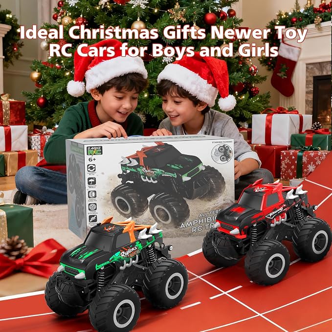 HOMETALL Amphibious Remote Control Car Monster Truck Toys - 1:16 All Terrain RC Trucks High Speed RC Cars with Crashworthy Body,Off- Road Electric Vehicle Kid Toys for Boys and Girls,Age 6+,Red