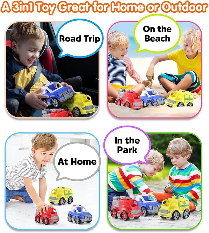PLAY Eco-Friendly 3 in 1 Emergency Vehicle Toy Set, [USDA Certified] No BPA/Phthalate/PVC, Recycled Bioplastic Rescue Vehicle with Fire Truck, Police Car & Ambulance Toy