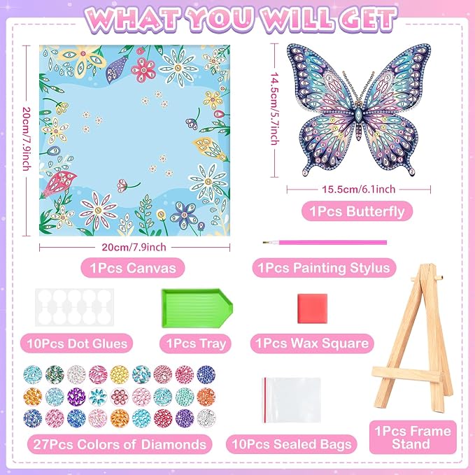 Crafts for Girls 8-12 - Make Your Own Butterfly Diamond Art Kits for Kids - Arts and Crafts for Kids - Diamond Art Paintings with Wooden Stand - 4 5 6 7 10 Year Old Girl Boy Birthday Gift Home Decor