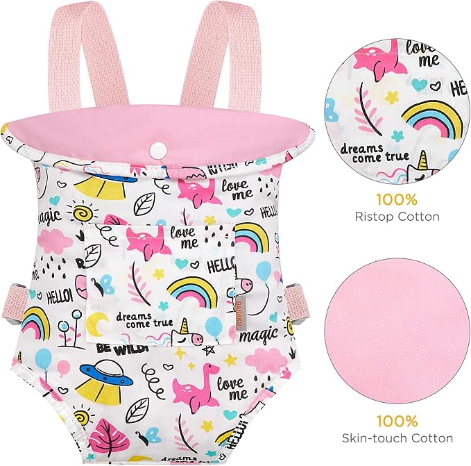 GAGAKU Toy Doll Carrier, Reborn Baby Doll Accessories for Toddlers Kids Aged 3+ Years Old - Pink - Rainbow Amusement Park