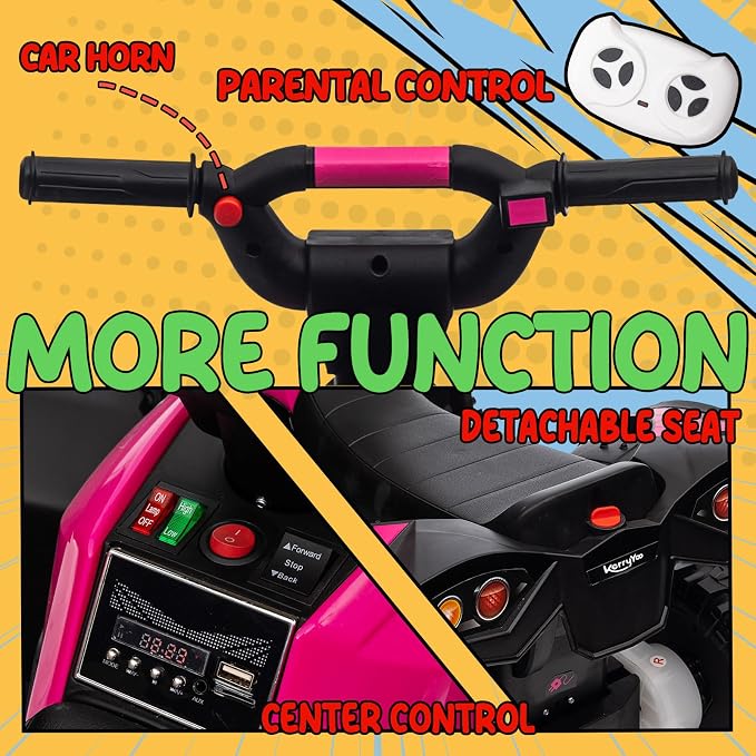 KerryYoo AT2 Kids ATV,12V 4 Wheeler for Kids 3-6,Electric Toddler Ride On Toys,Remote Control, High/Low Speeds, LED Lights, Bluetooth, and Off-Road Tires - Pink