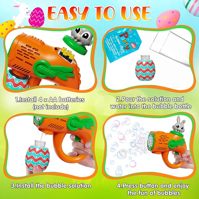IFLOVE Bubble Guns for Kids 2 Pack, Bunny Bubble Machine Ages 3-8 Outdoor | Bunny & Easter egg design, 12 outlets blow 5,000+ bubbles; 10 solution packs; summer outdoor toy; needs 4 AA batteries
