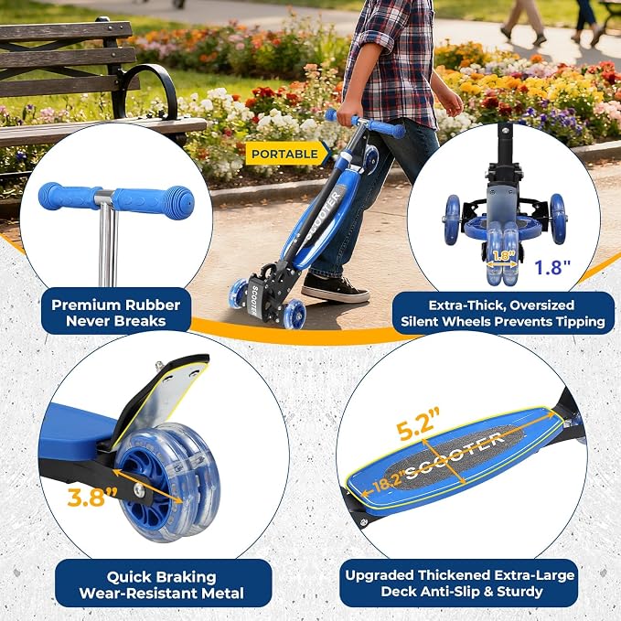 3 Wheel Scooter for Kids Ages 3-12, LED Light-Up Kids Kick Scooter–Portable Foldable, Adjustable Height, Durable Metal Construction, 6" Extra Wide Deck for Outdoor Activities,Child Safety Certified