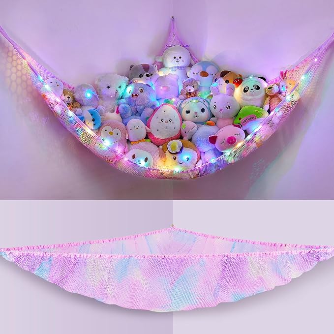 Stuffed Animals Net or Hammock Kids Toy Storage Organizer with LED Light Unicorn Castle Hanging Corner Stuffed Animals Holder Kids Girls Room Decor (Pack of 1)
