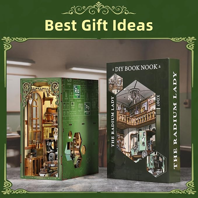 MiniCity Book Nook Kit, DIY Doll House Booknook, Miniature Kit for Bookshelf Doll Houses for Adults Teen Halloween, 3D Wooden Puzzle Bookends with Led Light and Dust Cover (The Radium Lady)