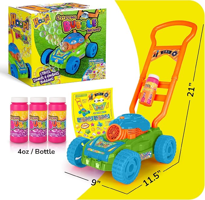 Hoopi Extreme Bubble Lawn Mower for Toddlers 1-3, Spill-Proof Kids Bubble Machine with Lights for 2-Year-Old Boy Birthday Gift, Bubbles Blowing Push Toddler Outdoor Toys for Ages 2-4 with 3 Bottles
