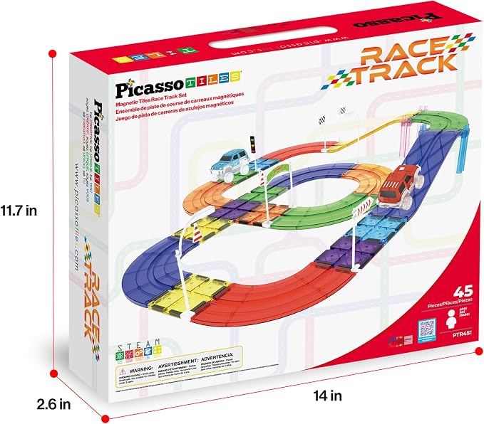 PicassoTiles 45pc Magnetic Tiles Race Track Set With 2 Racing Cars Plus Traffic Accessory Kit STEM Educational Learning Construction Building Magnet Tile Toy For Toddlers Boys Girls Kids Age 3+ PTR451