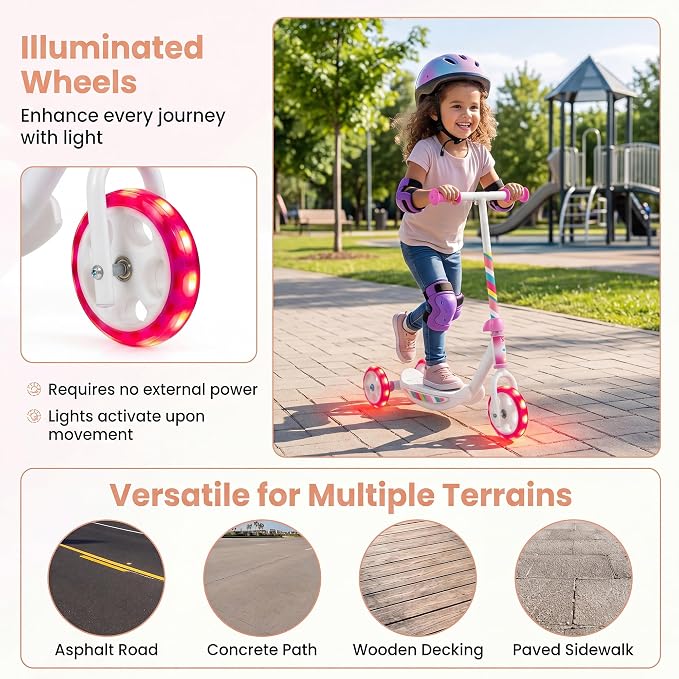 GYMAX Kick Scooter for Kids 2+, 3 Light-up Wheels Toddler Scooter with Wide Anti-Slip Deck & Hand Grip, Heavy Duty Stable Lightweight Ride On Scooters for Boys Girls