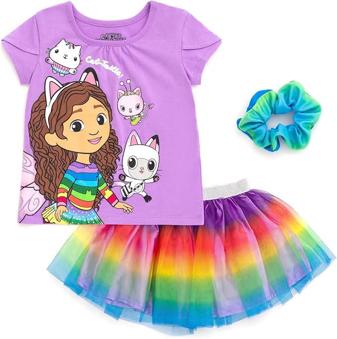 DREAMWORKS GABBY'S DOLLHOUSE Girls' T-Shirt and Tutu Skirt Set with Scrunchie Toddler to Big Kid