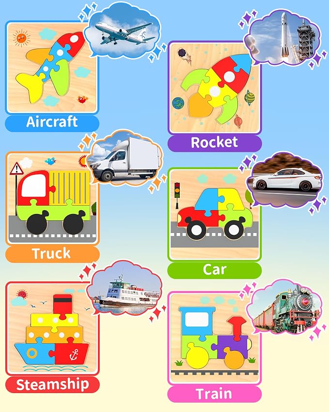 Wooden Puzzles Toddler Toys for 1 2 3 Years Old Boys Girls, 6 Vehicle Shape Learning Educational Blocks Birthday Gifts Sensory Toy Montessori Toys Age 1-3, 2-4