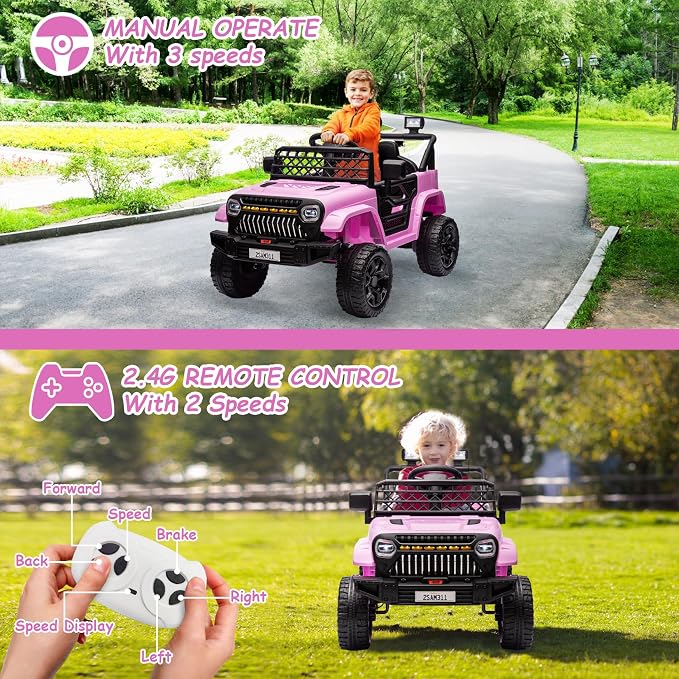 GarveeLife 12V Kids Ride On Truck Electric Vehicle Battery Powered Car Toddlers Ride On Toy for Boys Girls with Remote Control, 4-Wheel Suspension, Battery Display, LED Lights, Music, Pink