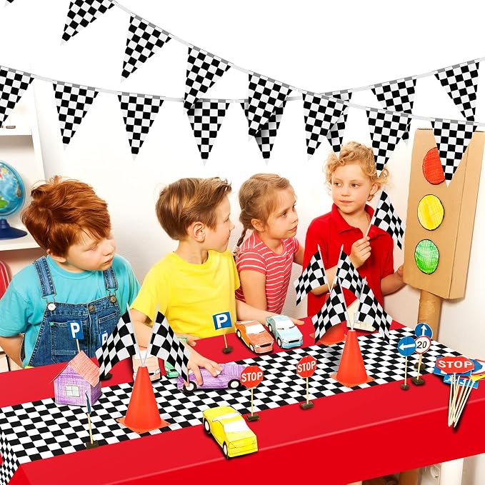 Irenare Car Birthday Party Supplies Racing Decorations 50s Party Tablecloth Racetrack Table Runner Table Covers for Kids Boy Car Theme Birthday Decor, 54 x 108 Inch(Red,8 Sheets)