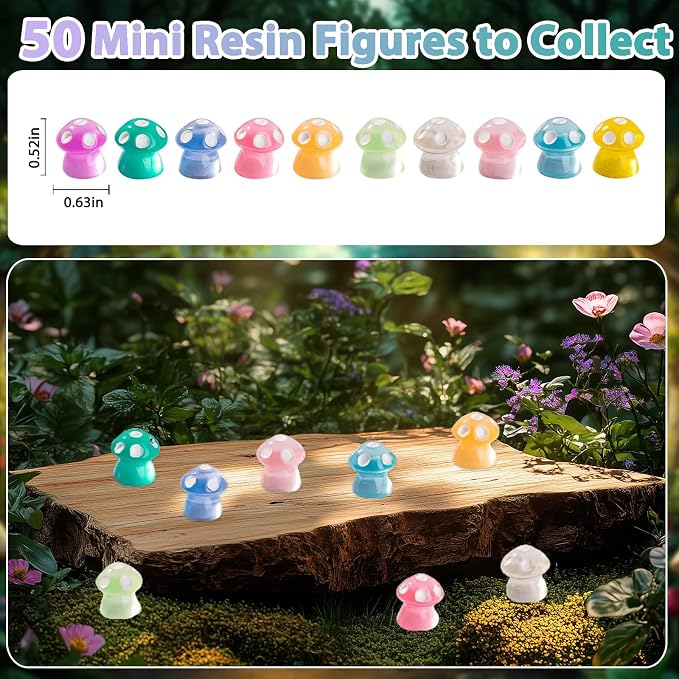 50PCS Glow in The Dark Mushroom Mini Figures Mystery Blind Bag, Luminous Resin Mini Mushroom Figurines Bulk, Cute Tiny Glow Toys, Fairy Garden Accessories, DIY Crafts, Party Favor Surprise Collectible