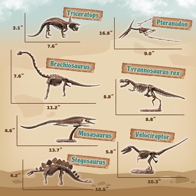 7-Pack Big Dinosaur Fossil Skeleton Building Kit | Take Apart & Rebuild Dinosaur Bones Models | STEM Science Archaeology Toy Gift for Kids 6+ | T-Rex, Triceratops, Velociraptor