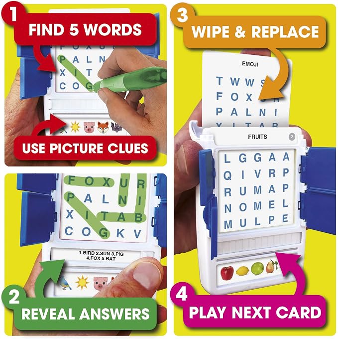 100 PICS Word Search Travel Game - 100 Puzzles with Picture Clues | 50 Wipe Clean Cards with Slide Reveal case and Pen | Activity, Gift, Stocking Stuffer | for Kids and Adults, Age 6+