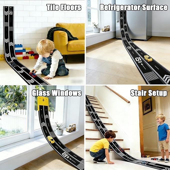 16.4Ft Flexible Race Track for Kids Ages 3+, Patterned Dual-Lane Roll Up Race Track Set with 4 Toy Cars & Suction Cups, Compatible with 1/64 Diecast Cars, Portable DIY Racing Toy (Black)