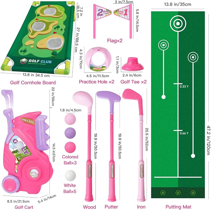 Toddler Golf Set for Boys Girls 2 3 4 Years Old, Upgraded Kids Golf Cart with Putting Mat & Cornhole Board, Outdoor Indoor Sports Toys, Pink