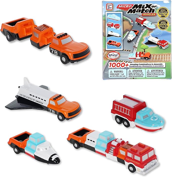 Popular Playthings Magnetic Vehicles for Toddlers 1–3, Mini Mix or Match Car Toys, Snap‑Together Interchangeable Parts for Creative Play, Travel‑Friendly Set of 4