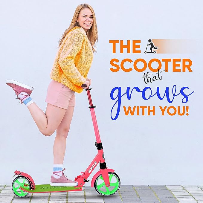 Hurtle Renegade Kick Scooter for Kids, Teenagers & Adults - 2-Wheel Folding Scooter with Adjustable T-Bar Handlebar - Alloy Anti-Slip Deck