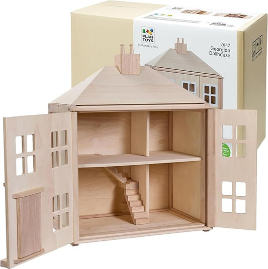 PlanToys® Wooden Georgian Dollhouse | 2-Storey House with Opening Door & Front Panels, Chimney & Staircases | Montessori Pretend Play House Compatible with 1:12 Scale Furniture & Wooden Dolls