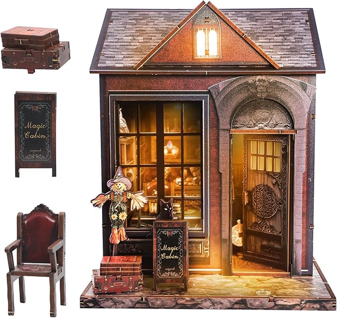 Magic Cabin Miniature Dollhouse with LED Lights, Vintage Furniture & Decor – Handcrafted Fantasy Shop Display for Home Decor, Collectibles & Gifts