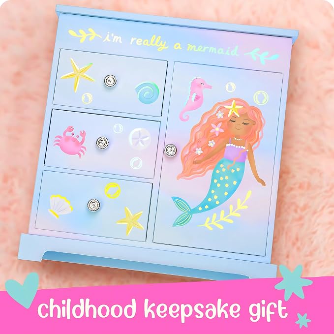 Giggle & Honey® Mermaid Musical Jewelry Box for Girls Kids Music Box with Drawers, Mermaid Mermaid Gifts for Girls, Mermaid Jewelry Boxes for Ages 3-10