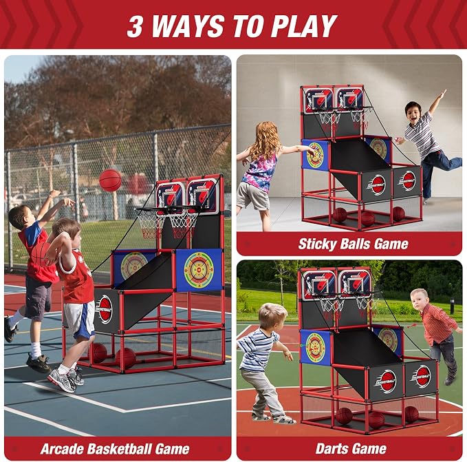 HYES 2 in 1 Dual Shot Basketball Arcade Game with 2 Dart Boards/Electronic Scoreboard/LED Light, Kids Basketball Hoop for Home Indoor Outdoor, Sport Toys for Boys Girls