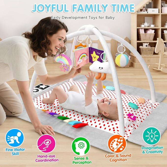 Baby Play Gym Mat Tummy Time Mat with 5 Detachable Activity Center Newborn Infant Babies Boy Girl Gifts for Babies Toys 0-3-6-12 Months Newborn Infant Babies Essentials Gift