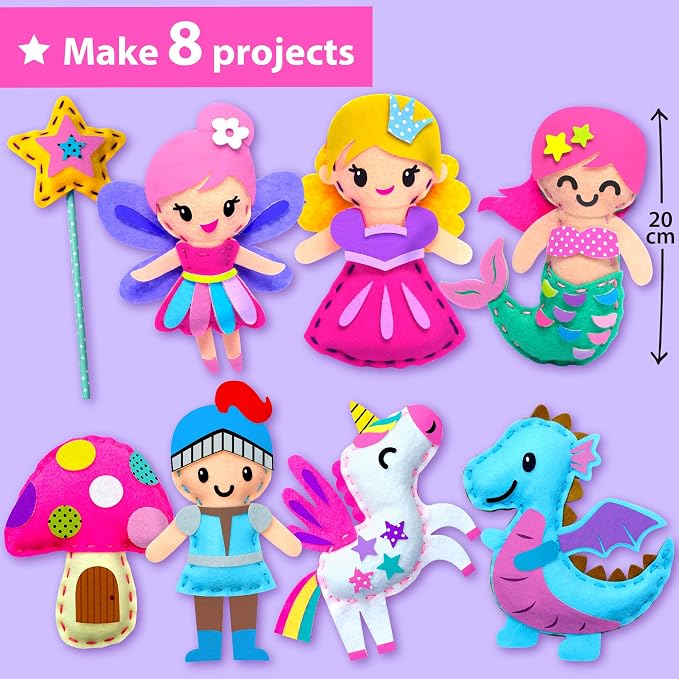 KRAFUN Easy Sew Fairy Tales Sewing Kit for Kids Beginners, Make 8 DIY Felt Plush Toys with Pre-Punched Holes, Arts & Crafts for Girls Ages 5-10